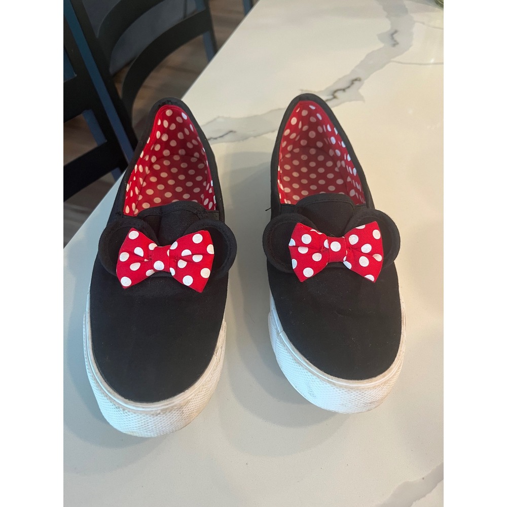 Disney Minnie Mouse Black Canvas Slip On Sneakers Red Polka Dot Bow Shoes Size 8